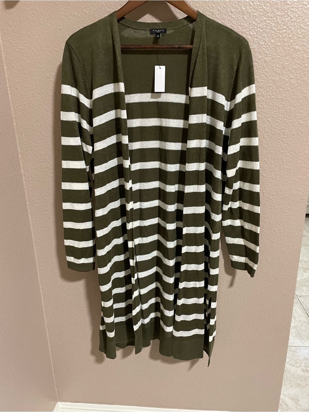 Talbots linen Olive & White Striped Open-Front Cardigan NWT